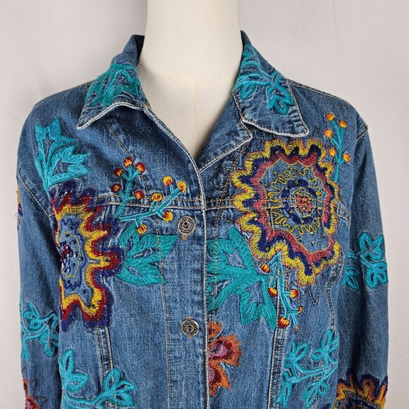 Chicos Design Embroidered Denim Jacket Size Medium 1 Boho Floral Artsy Blue - Picture 3 of 11